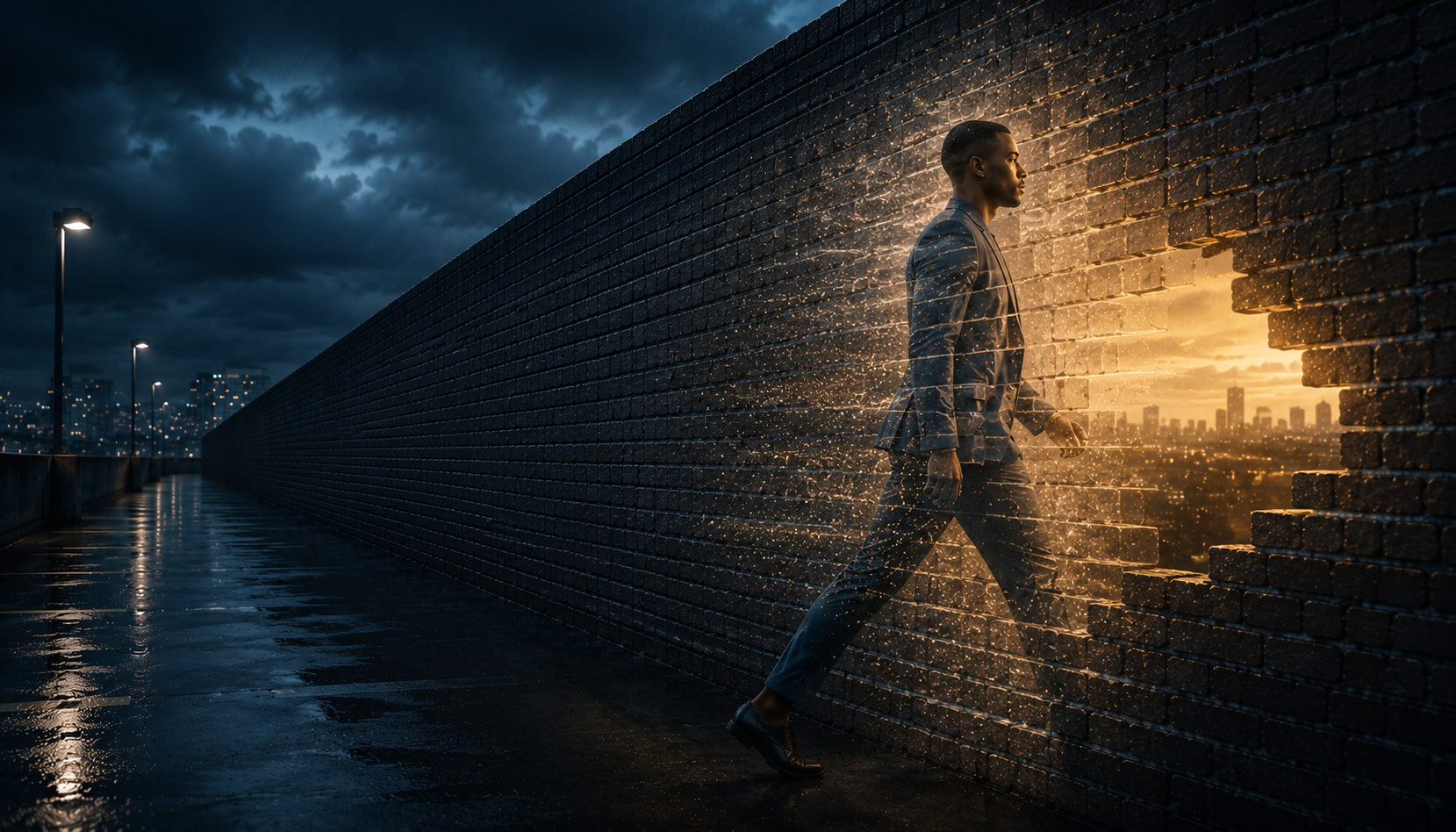 A man in a suit walking through a translucent section of brick wall as golden light and a city skyline appear on the other side.