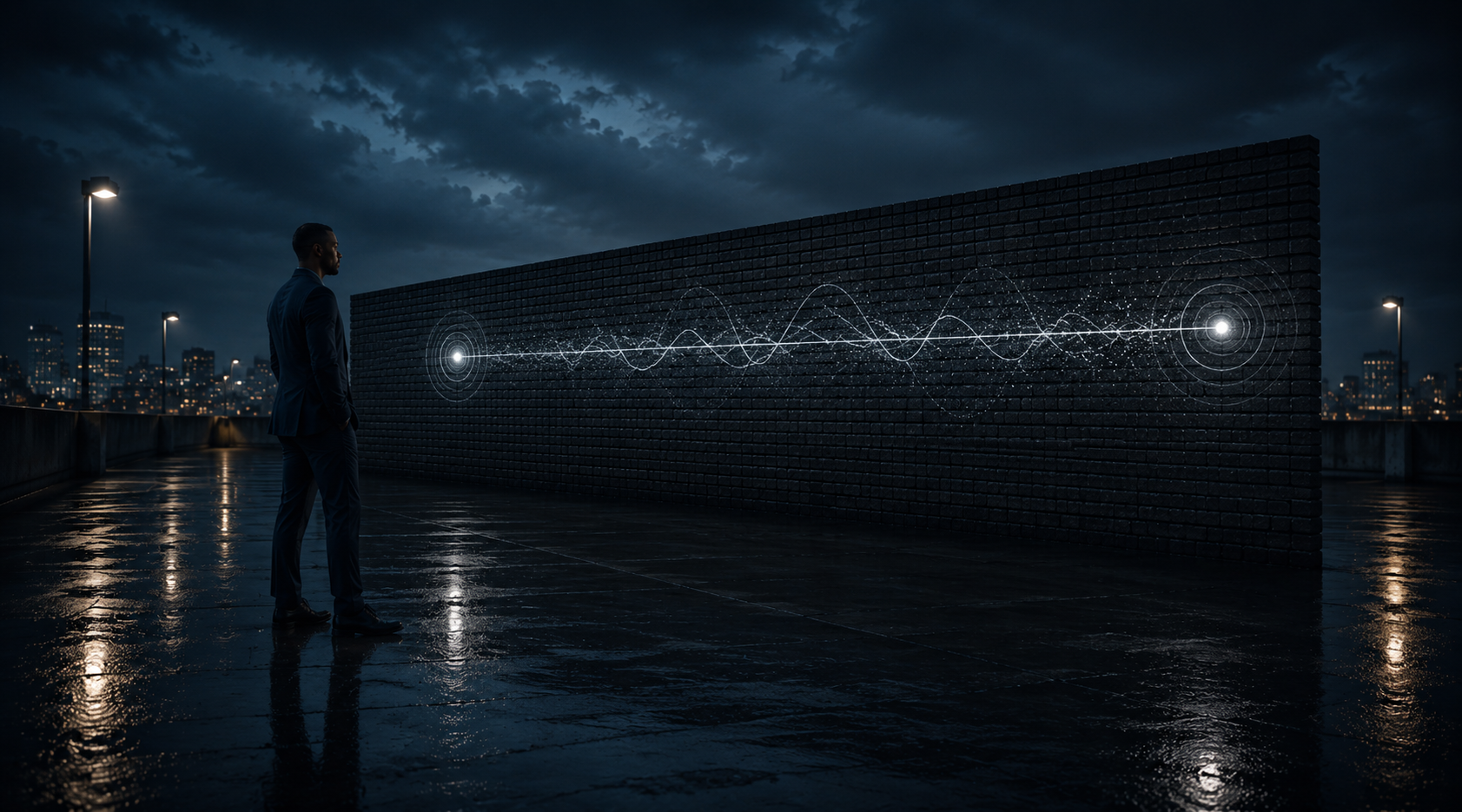 A man in a suit facing a dark brick wall with a glowing quantum wave function passing through it.